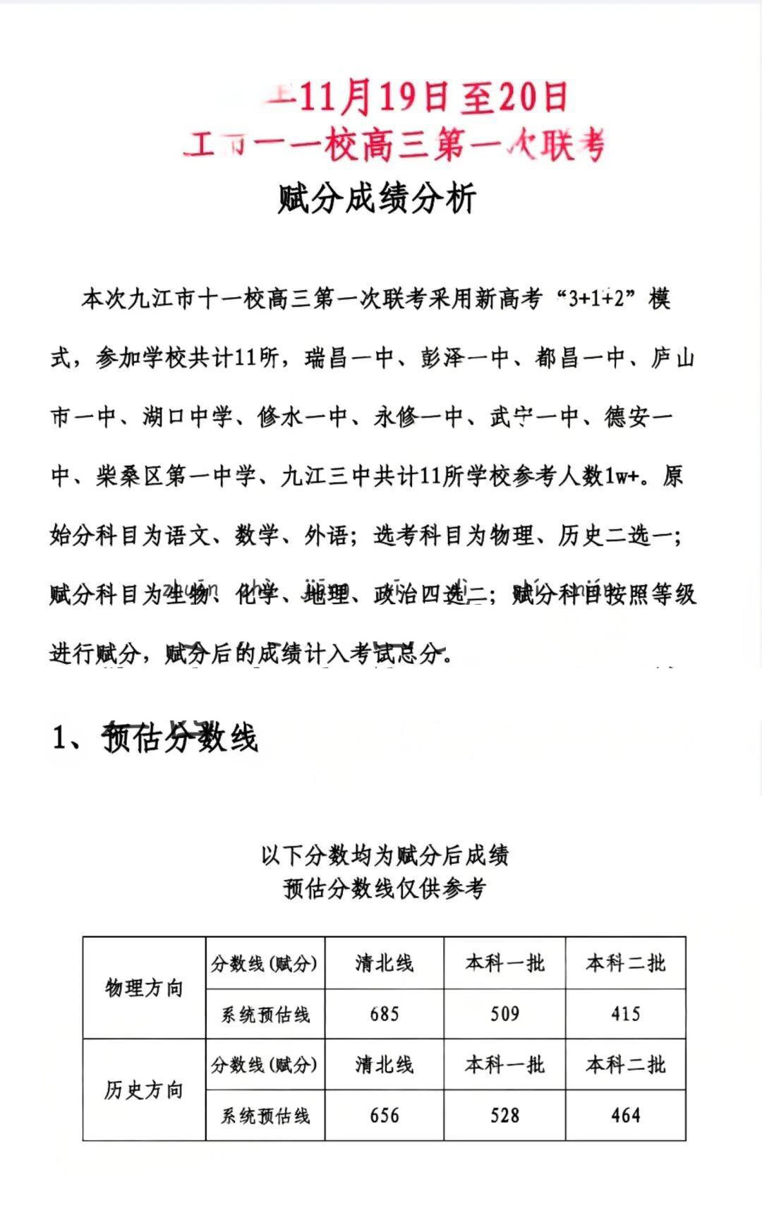 江西九江市十一校2026届高三第一次联考分数线出炉